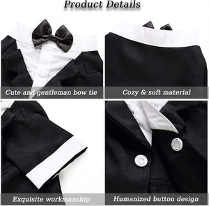 Black bow tie and jacket with text describing product details on a white background