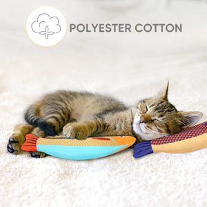 Cat lying on a colorful fish-shaped toy with 'Polyester Cotton' text above at Pet Servo
