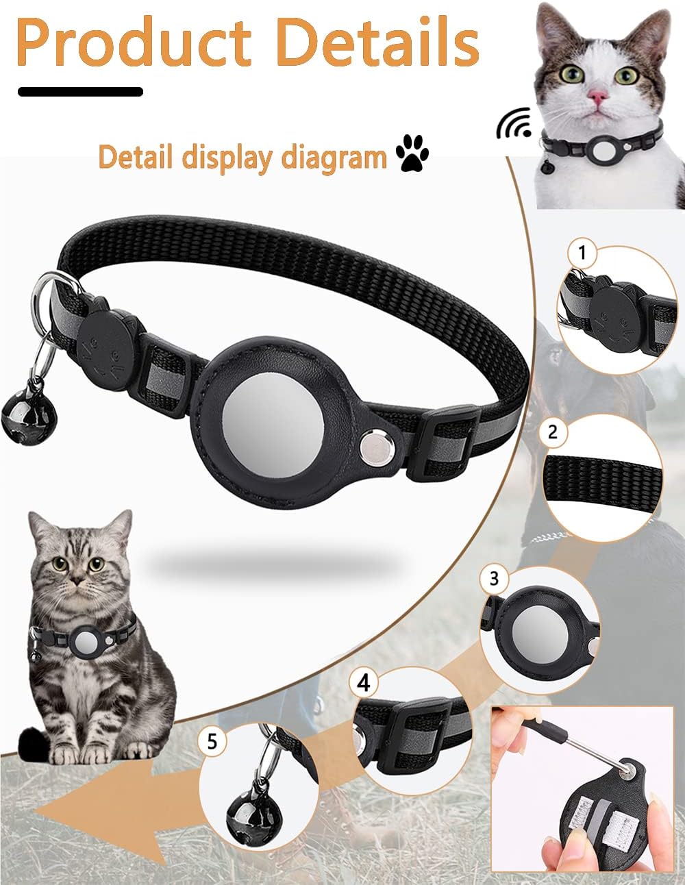 Product details graphic for a black pet collar with a round reflective center and small bell, shown with cat photos, numbered close-up insets, and a hand demonstrating the buckle at Pet Servo