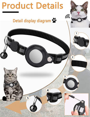 Product details graphic for a black pet collar with a round reflective center and small bell, shown with cat photos, numbered close-up insets, and a hand demonstrating the buckle at Pet Servo