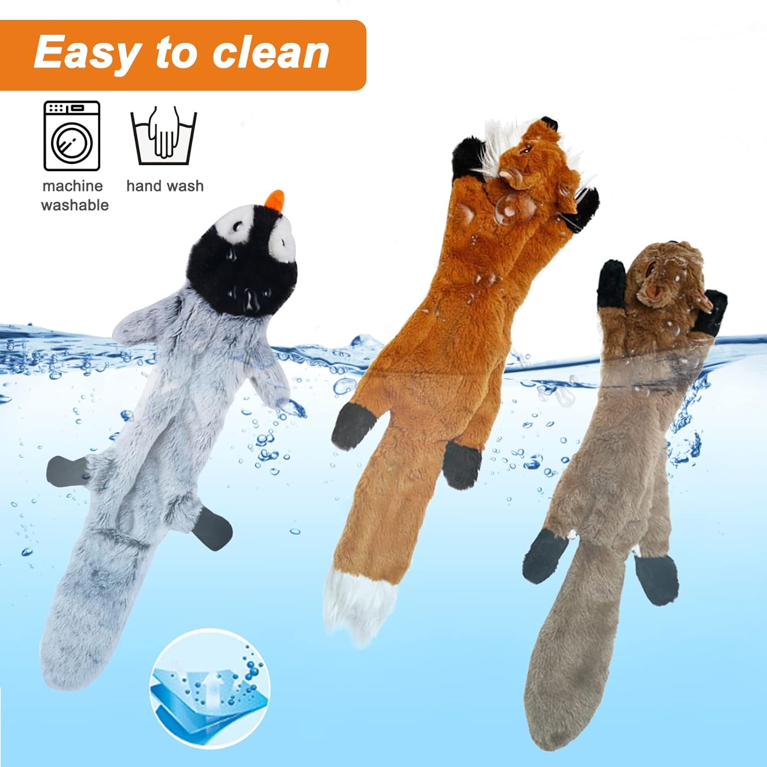 Three plush toys with washing instructions on a blue water background at Pet Servo