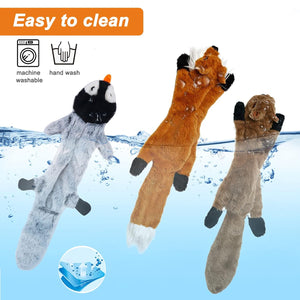 Three plush toys with washing instructions on a blue water background at Pet Servo