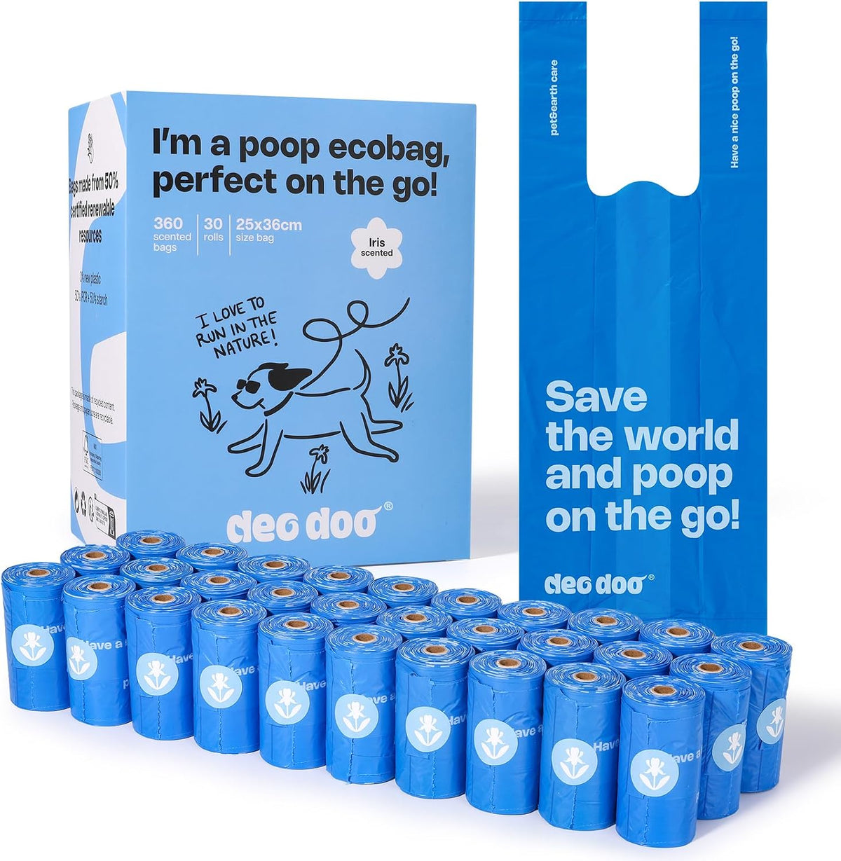 Deo Doo poop bags packaging with rolls and box on a white background at Pet Servo