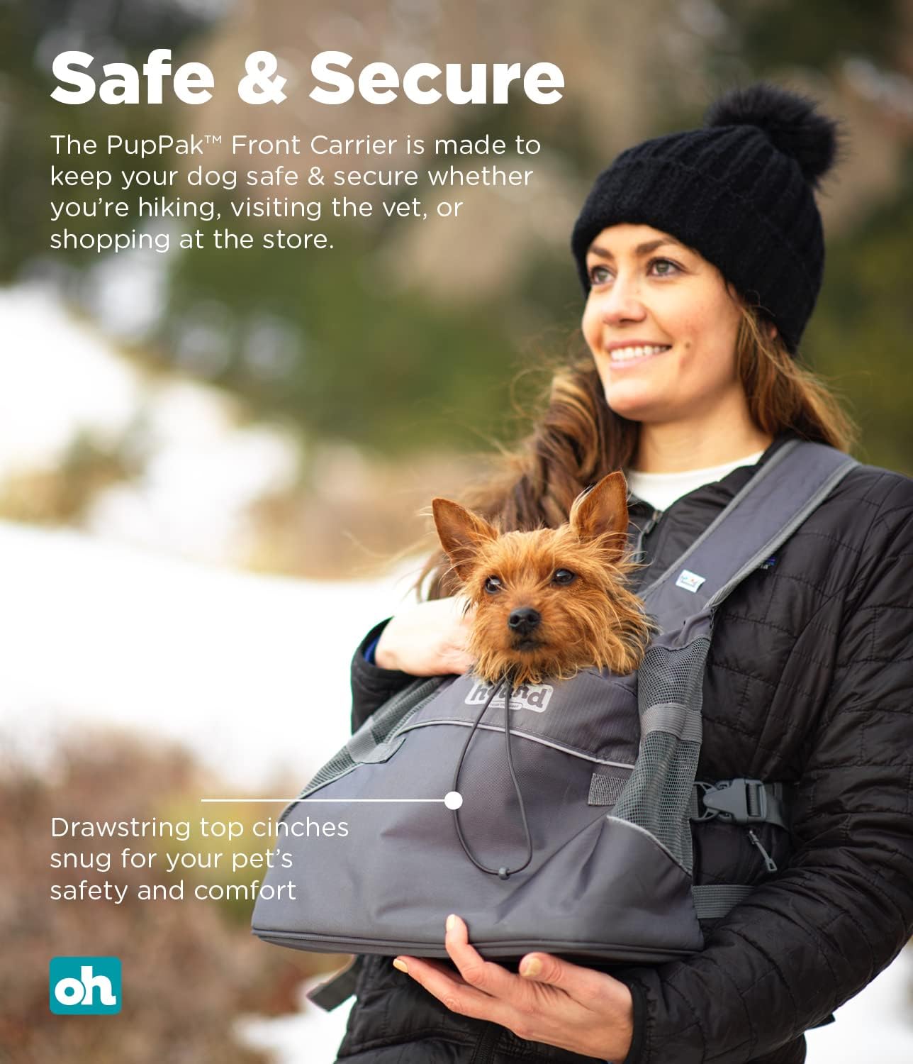 Woman carrying a small dog in a front carrier with text about safety and security at Pet Servo
