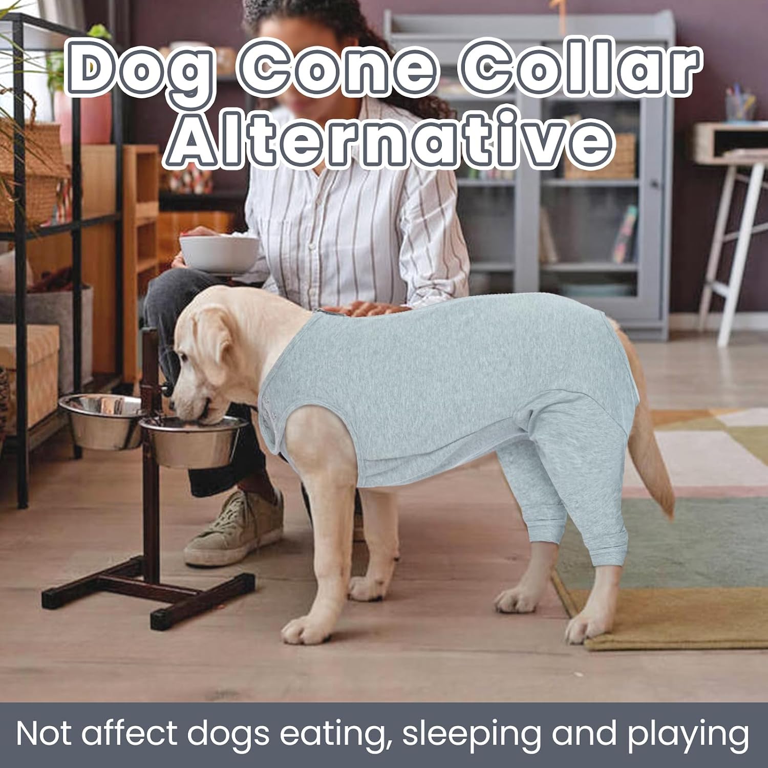 A light gray heather dog cone collar worn by a yellow Labrador retriever, shown in a home setting with a person sitting behind it. Large text overlays read 'Dog Cone Collar Alternative' and 'Not affect dogs eating, sleeping and playing.