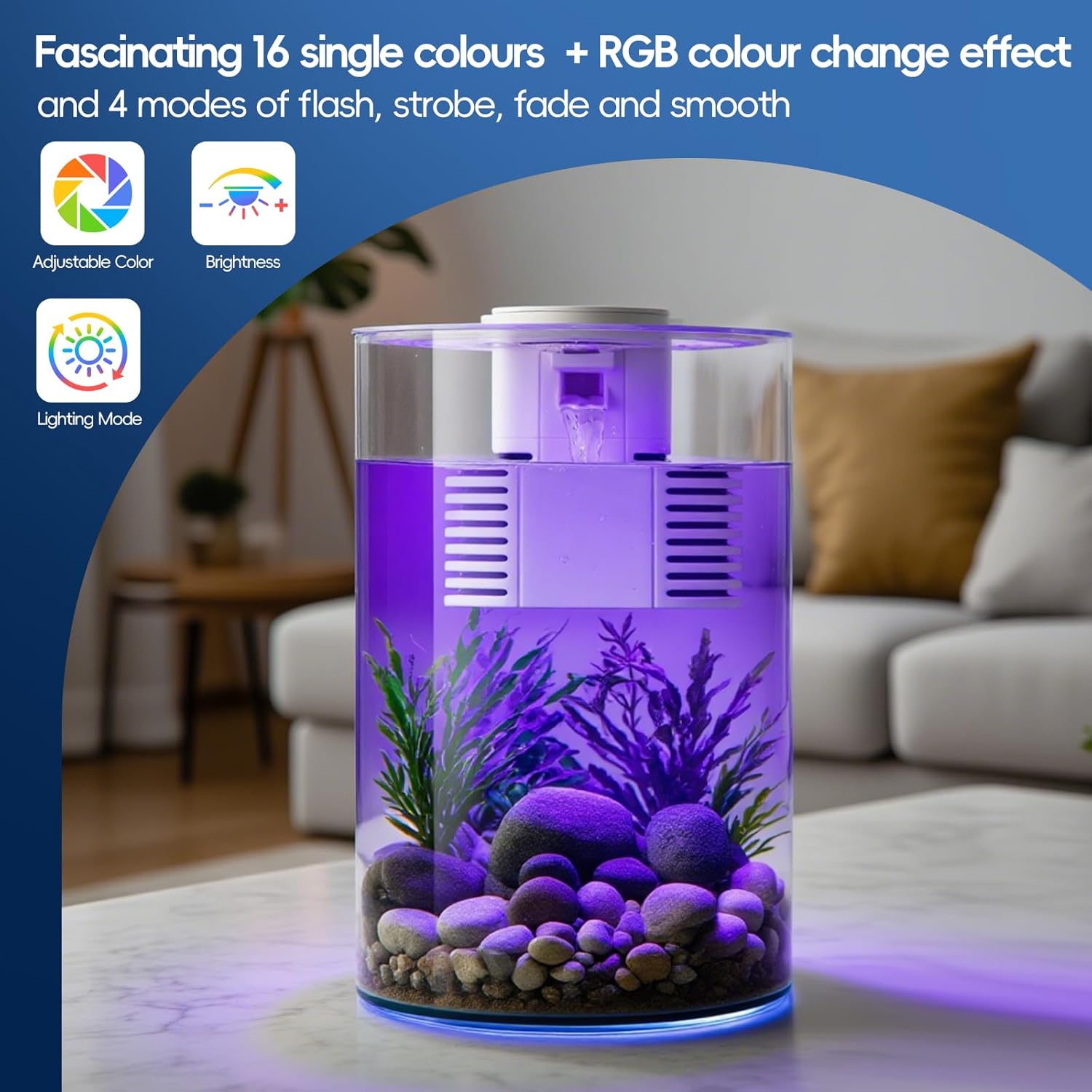 Small aquarium with LED lighting effects on a table in a living room setting