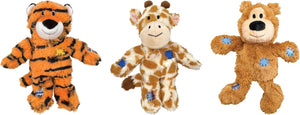 Three plush animal toys side by side: an orange tiger with black stripes, a tan and brown giraffe, and a light brown bear with blue paw patches at Pet Servo