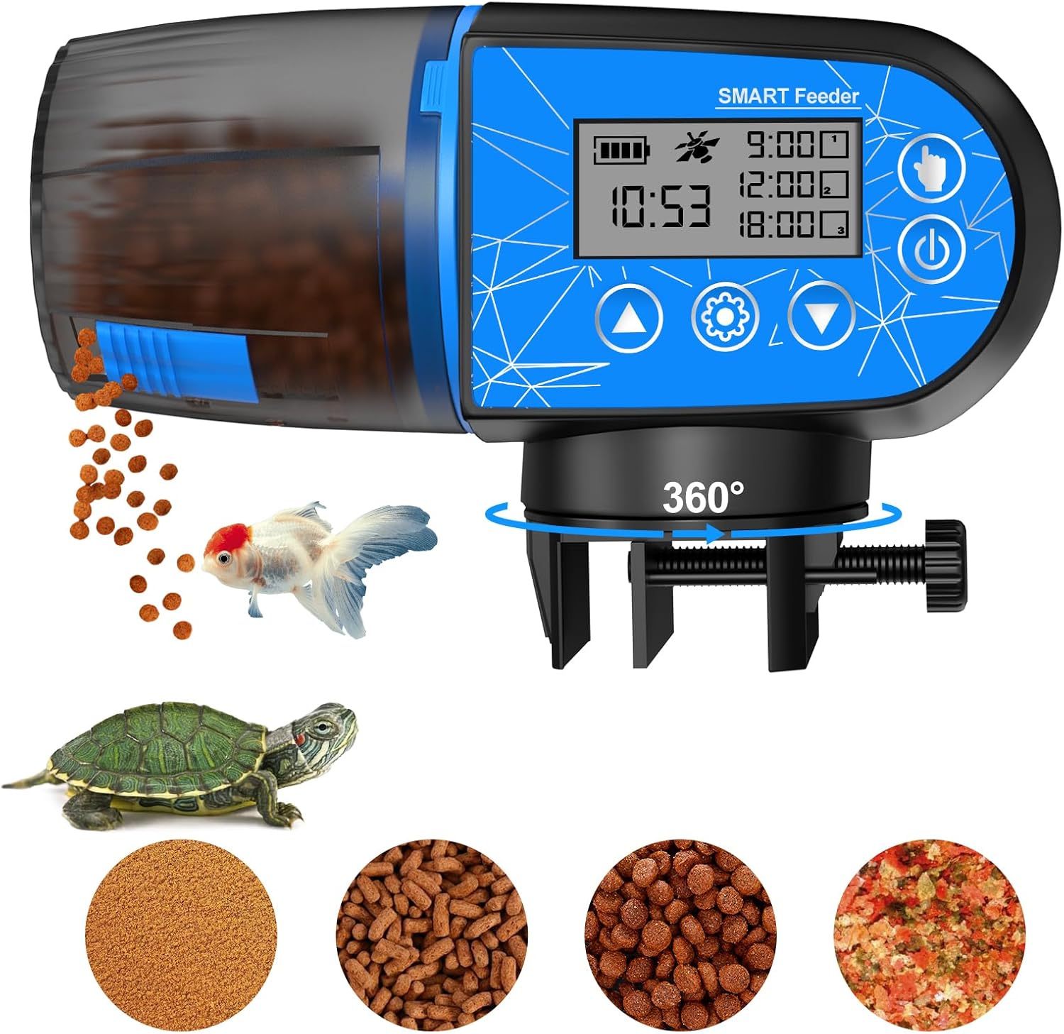Smart pet feeder with digital display, pet food, and aquatic animals on a white background at Pet Servo