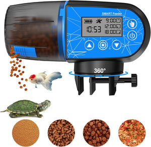 Smart pet feeder with digital display, pet food, and aquatic animals on a white background at Pet Servo