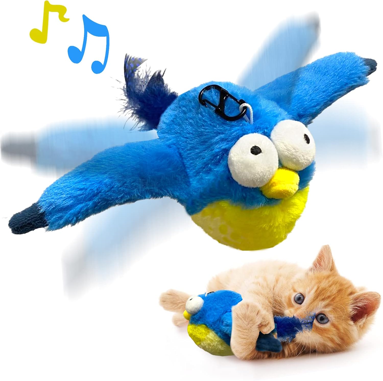 Blue and yellow plush toy with music notes and a cat playing with it on a white background at Pet Servo