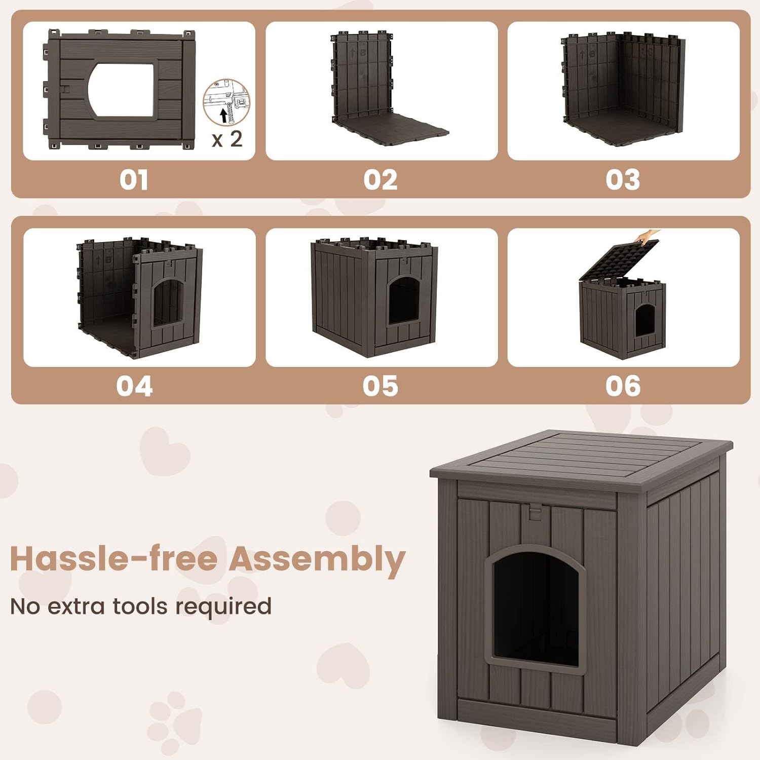 Step-by-step assembly guide for a pet house with final product display at Pet Servo