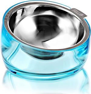 Stainless steel pet bowl with blue plastic base on a white background at Pet Servo