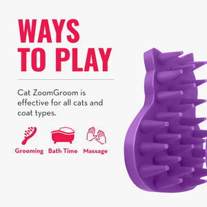 Purple cat grooming brush with silicone bristles shown on a light gray background with pink text reading 'WAYS TO PLAY' and smaller text describing grooming, bath time, and massage uses at Pet Servo