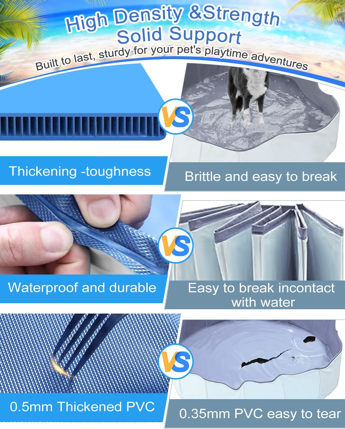 Comparison of thickened blue material vs brittle gray material with text highlighting features at Pet Servo