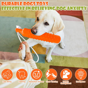 Dog playing with a durable toy, effective in relieving dog anxiety, on a carpeted floor at Pet Servo