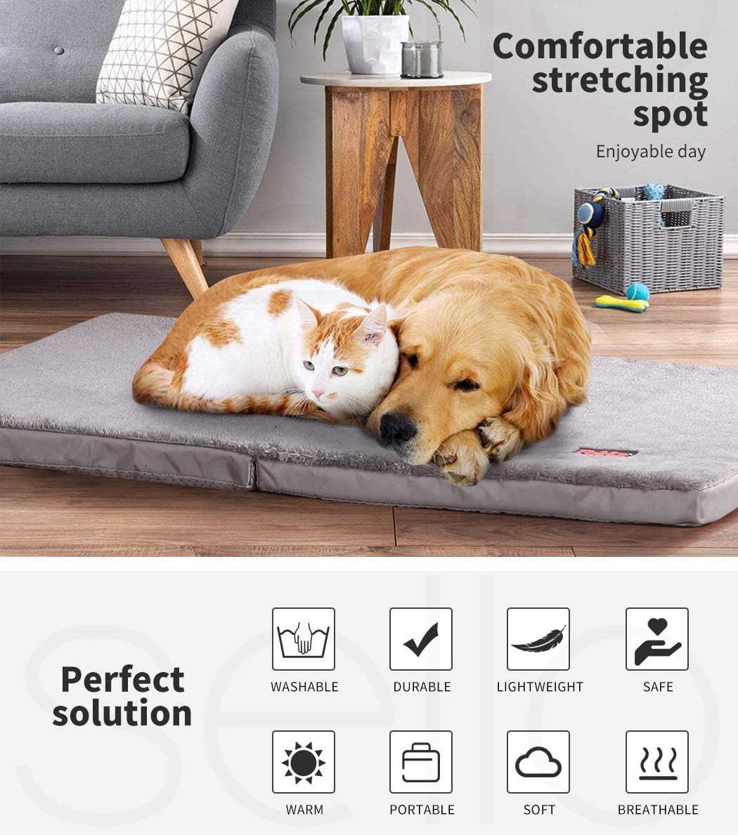 Dog and cat lying on a large pet mat in a home setting with text about comfort and features at Pet Servo