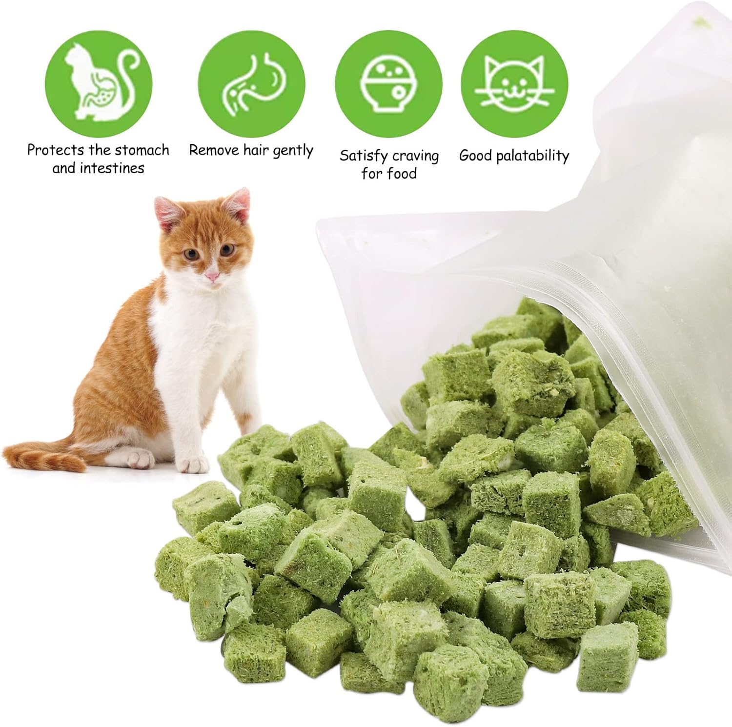 Green cat treats with a cat sitting next to them and icons indicating benefits at Pet Servo