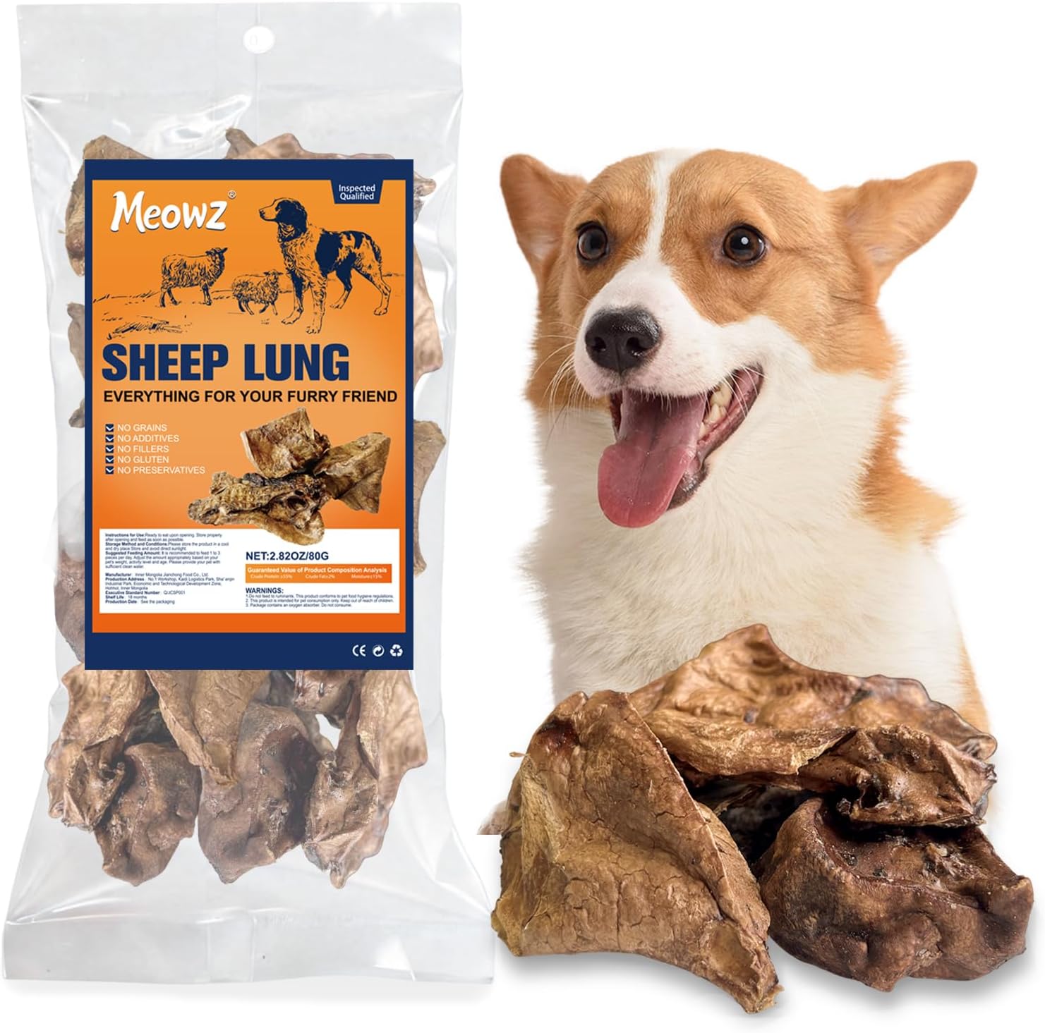 Dog treats with packaging labeled 'Meowz Sheep Lung' and a happy dog in the background at Pet Servo