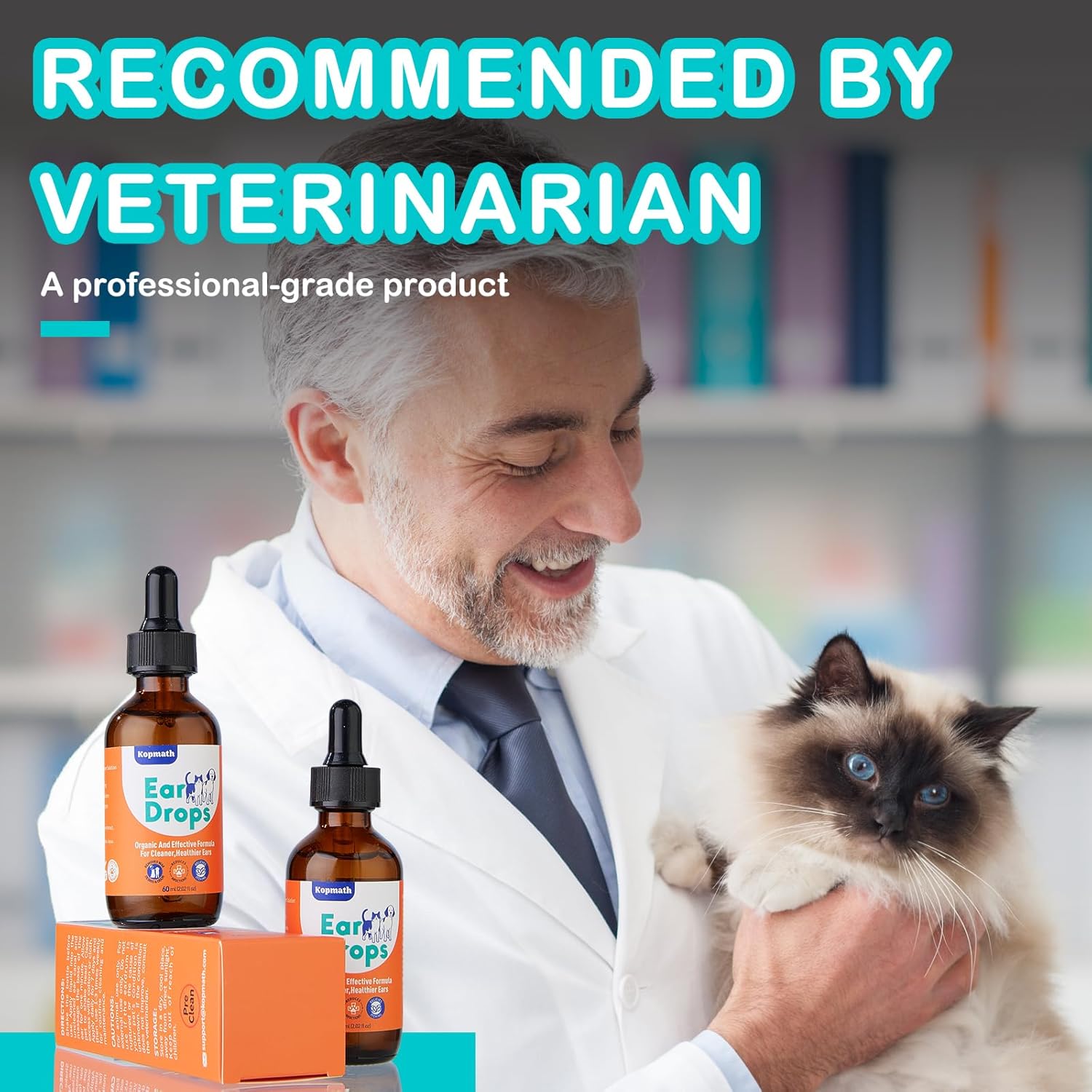 Veterinarian holding a cat and displaying Ear Drops products with text 'Recommended by Veterinarian' at Pet Servo