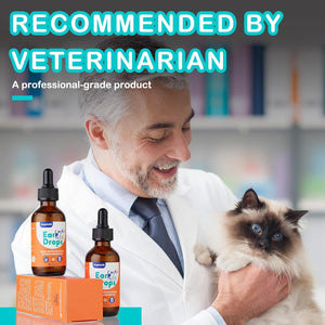 Veterinarian holding a cat and displaying Ear Drops products with text 'Recommended by Veterinarian' at Pet Servo
