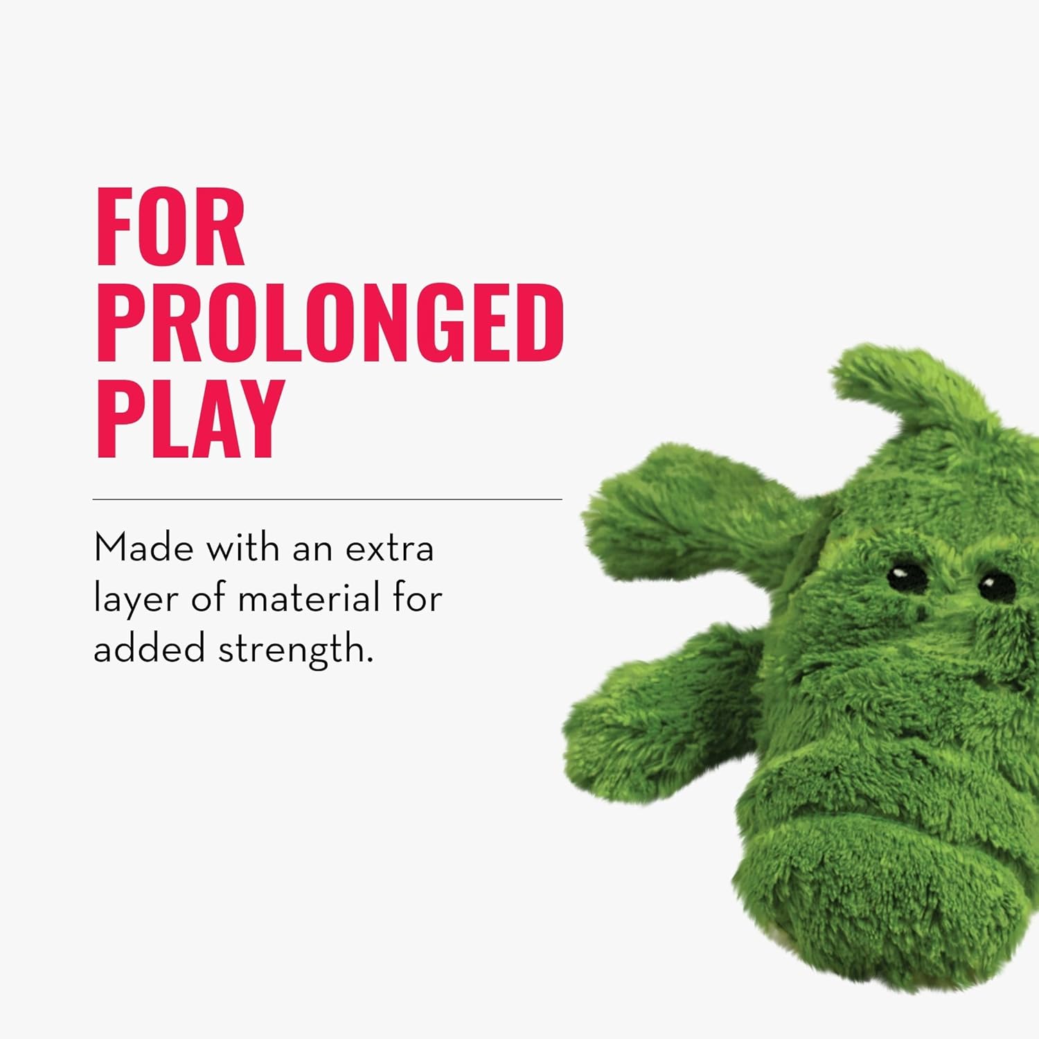 Green plush toy with text about prolonged play and added strength at Pet Servo