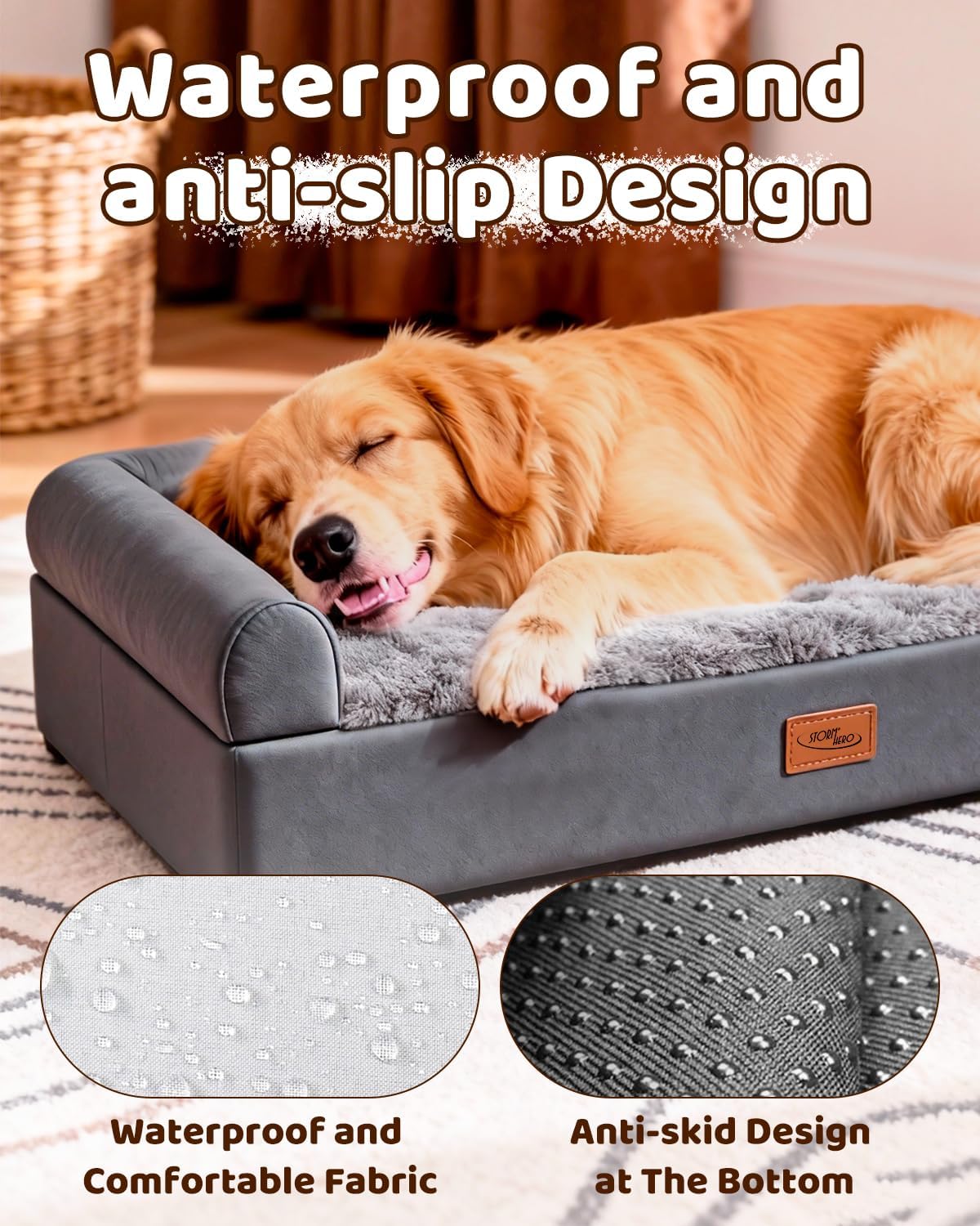 Dog lying on a gray pet bed with waterproof and anti-slip features highlighted.