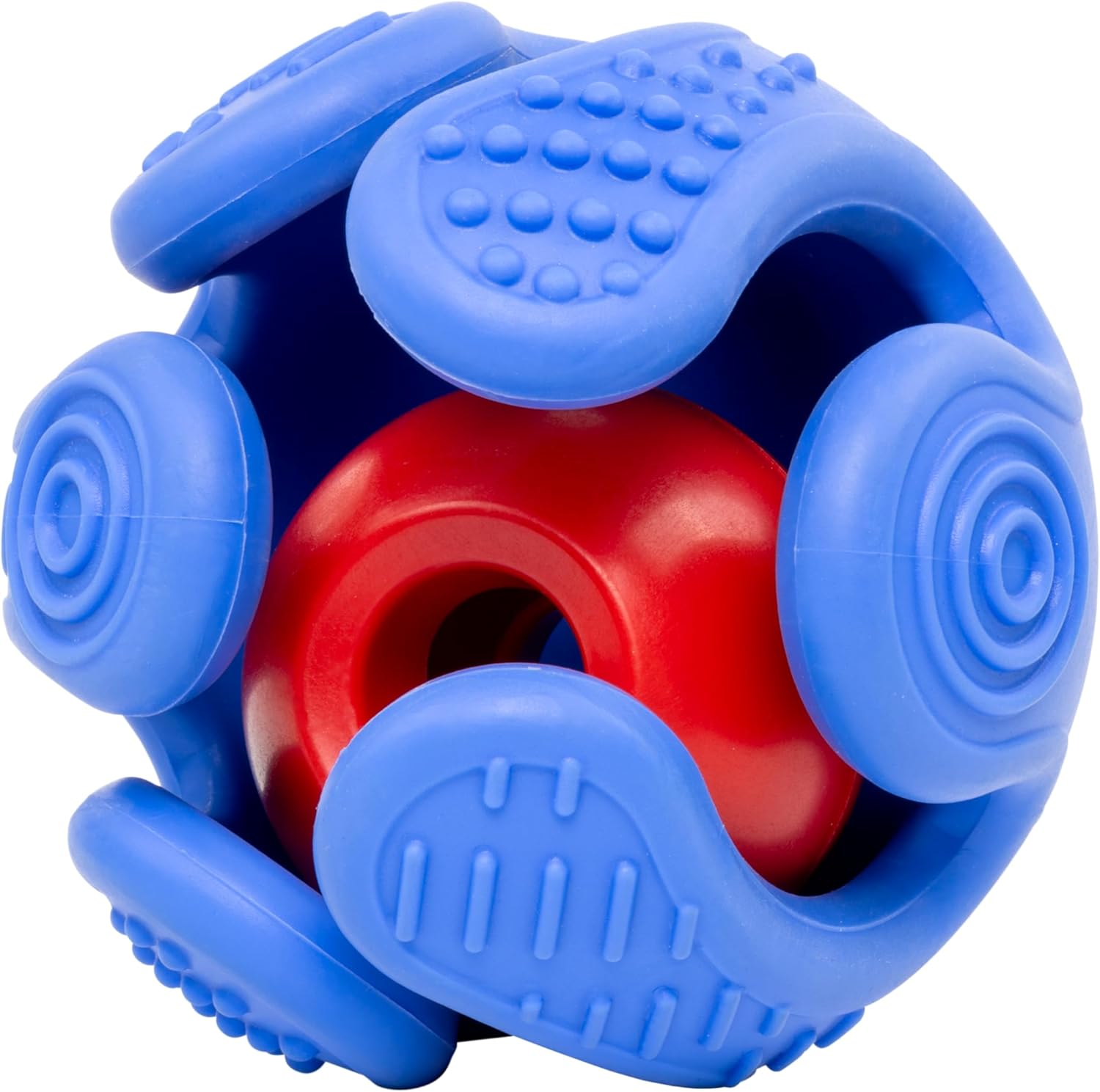 A blue and red textured baby teething ball toy on a solid white background at Pet Servo