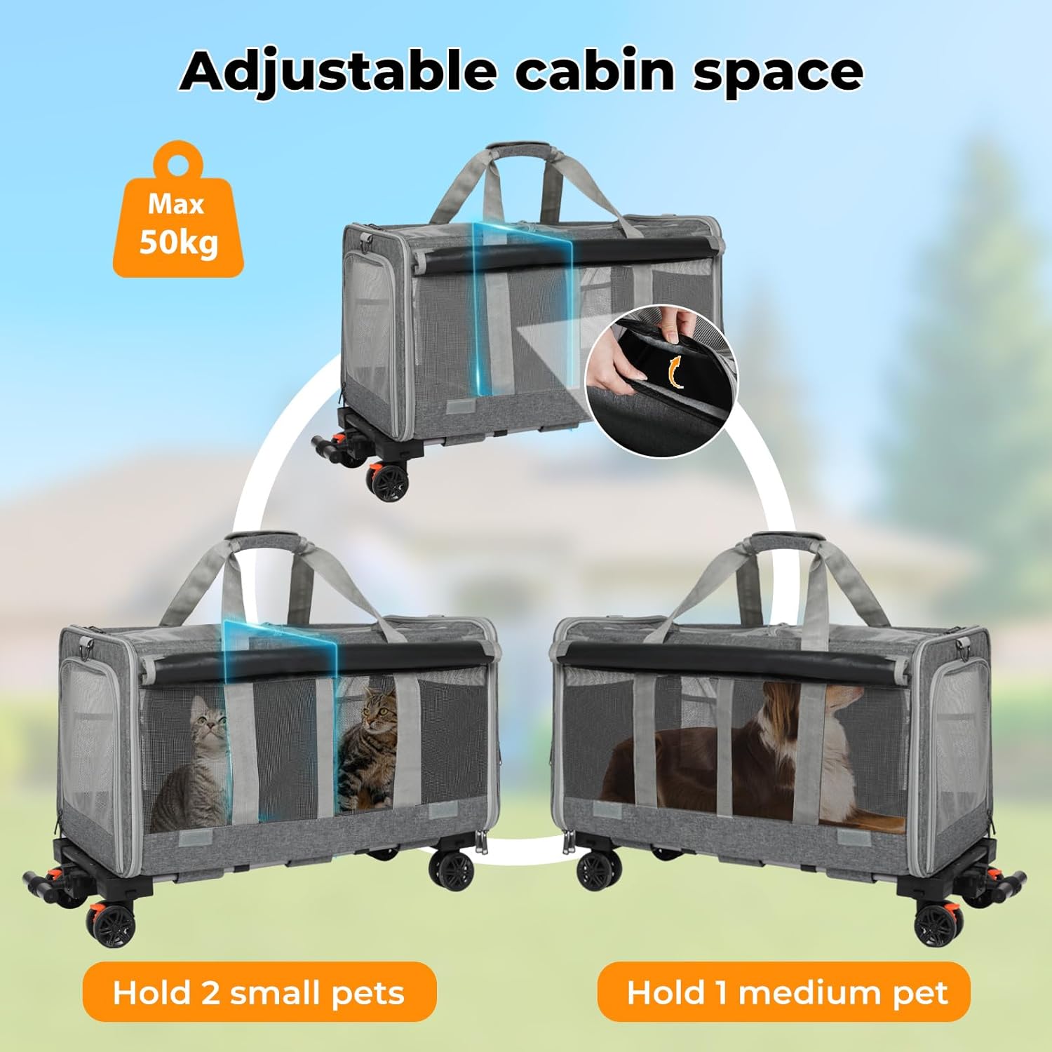 Gray adjustable mesh pet carrier with wheels, shown in three configurations with cats inside and text callouts about cabin space and pet capacity on a soft outdoor background at Pet Servo
