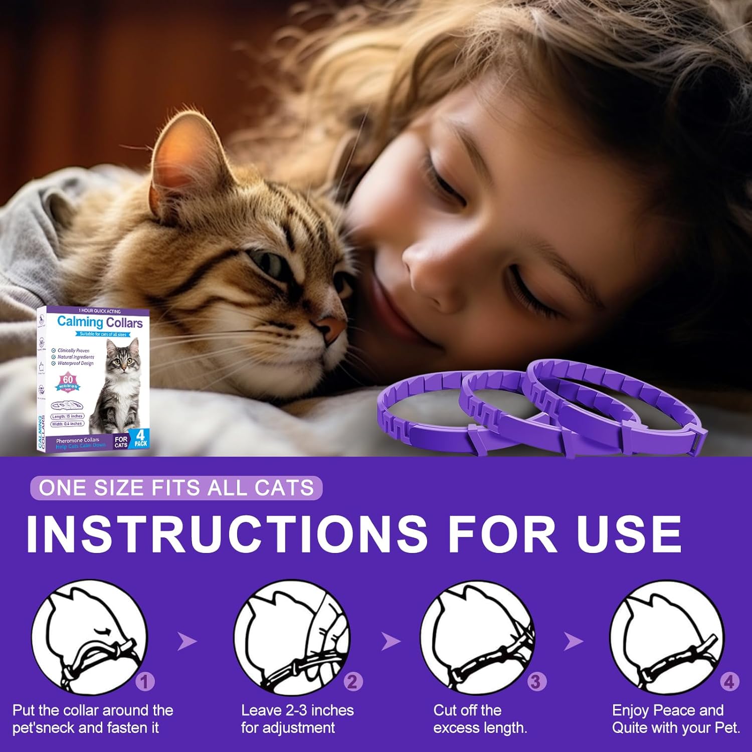 Child hugging a cat with a calming collar product and instructions displayed at Pet Servo