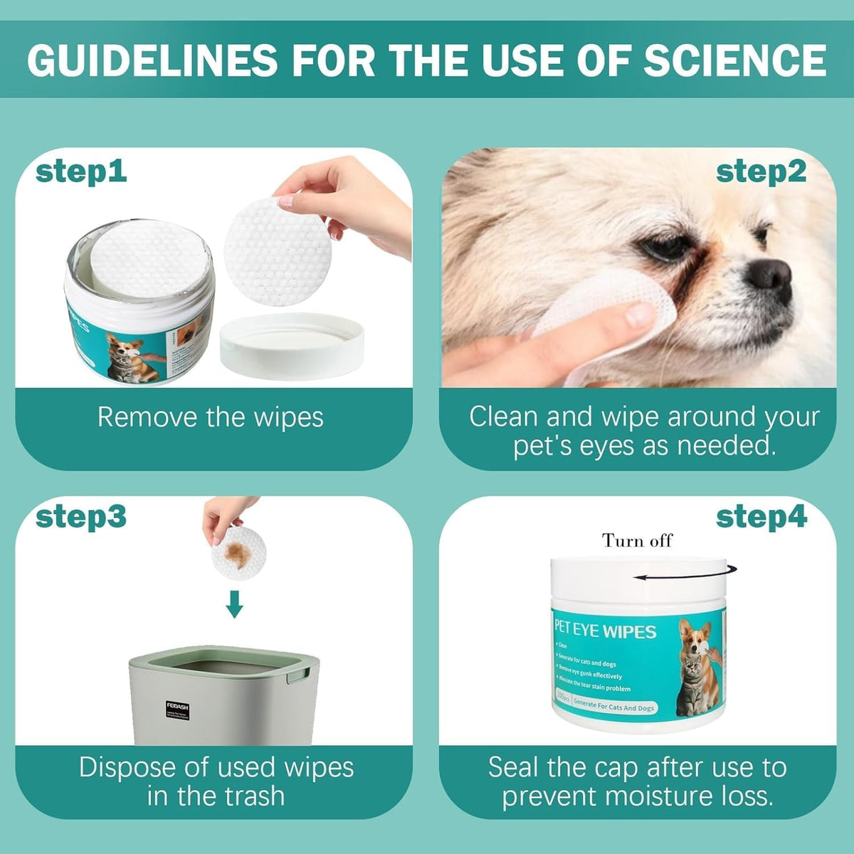 Guidelines for using pet eye wipes with step-by-step instructions on a teal background at Pet Servo