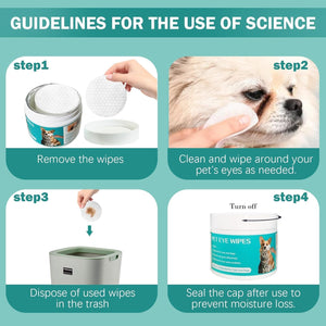 Guidelines for using pet eye wipes with step-by-step instructions on a teal background at Pet Servo