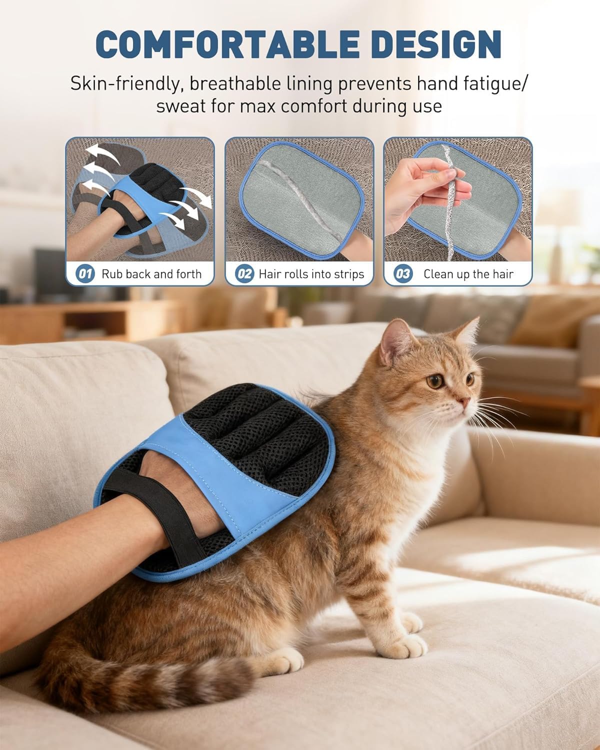 Cat wearing a blue grooming tool on a couch with text about comfort and use at Pet Servo