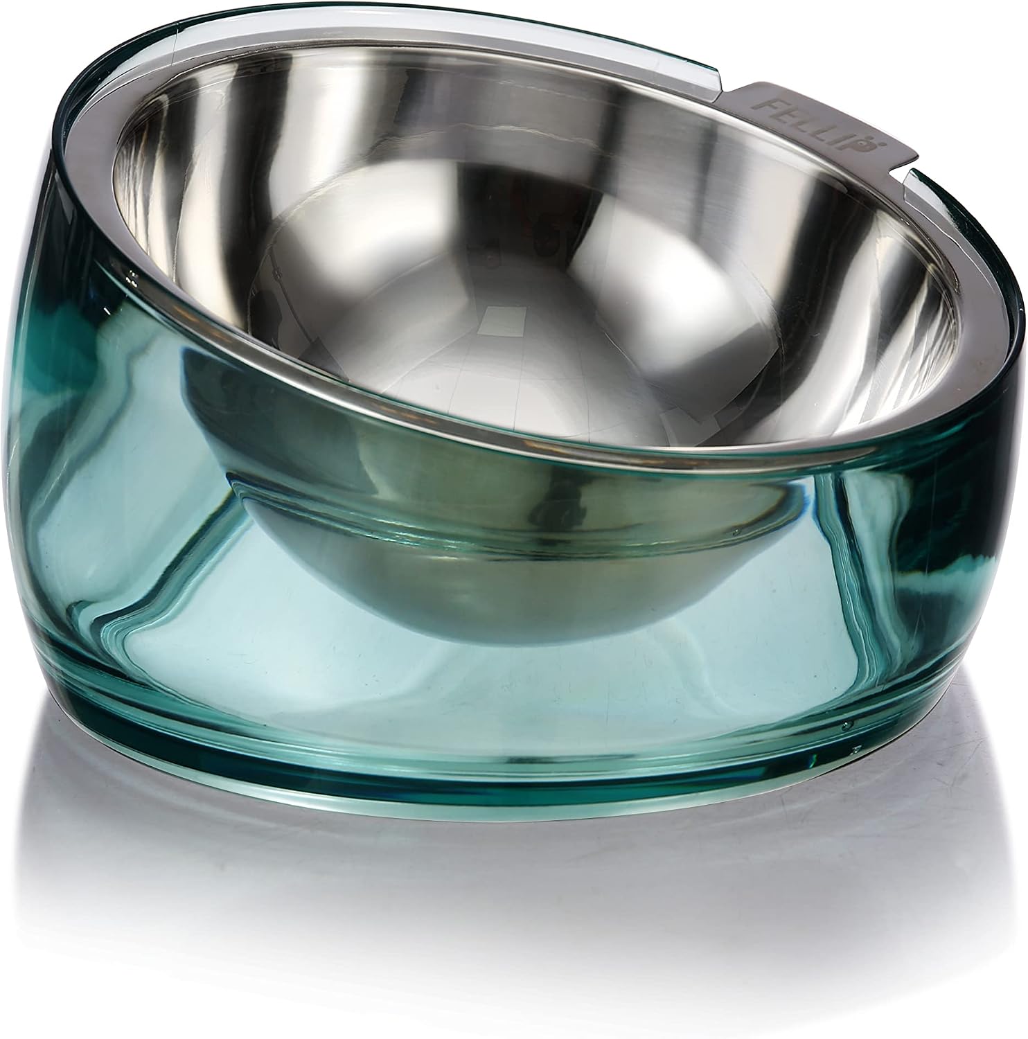 Stainless steel bowl with a blue glass base on a white background at Pet Servo