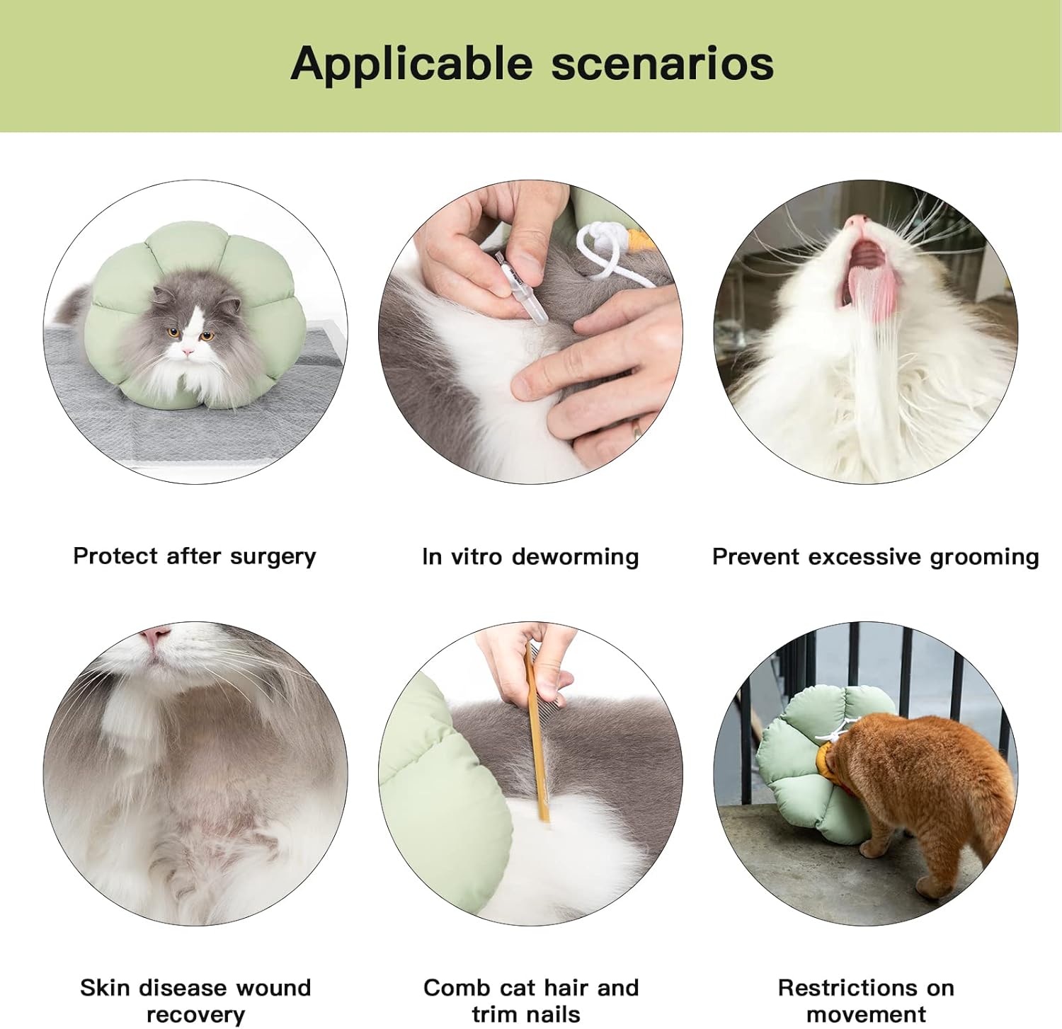 Illustrations of a cat using a green cushion with text indicating its uses for various scenarios at Pet Servo