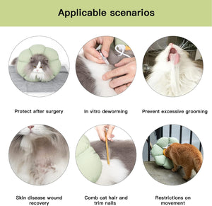 Illustrations of a cat using a green cushion with text indicating its uses for various scenarios at Pet Servo