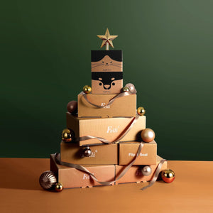 A Christmas-themed gift box arrangement styled like a miniature tree, made from stacked kraft paper boxes with a gold star topper, ribbons, and metallic ornaments, set against a dark green background at Pet Servo