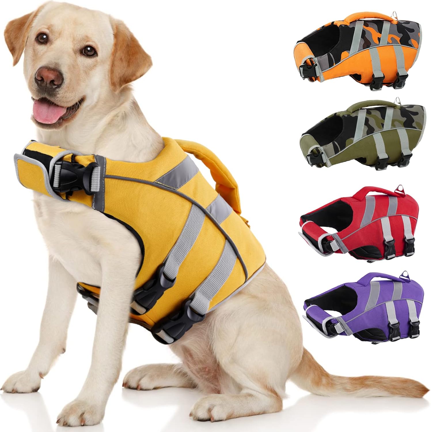 Dog wearing a yellow life jacket with four other life jackets displayed in different colors on a white background at Pet Servo
