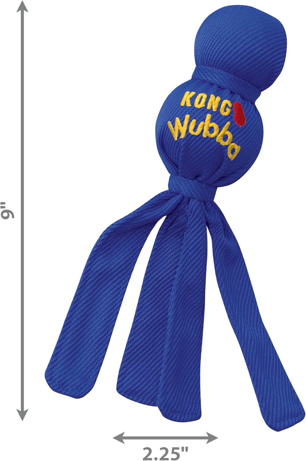 Blue KONG Wubba toy with dimensions on a white background at Pet Servo