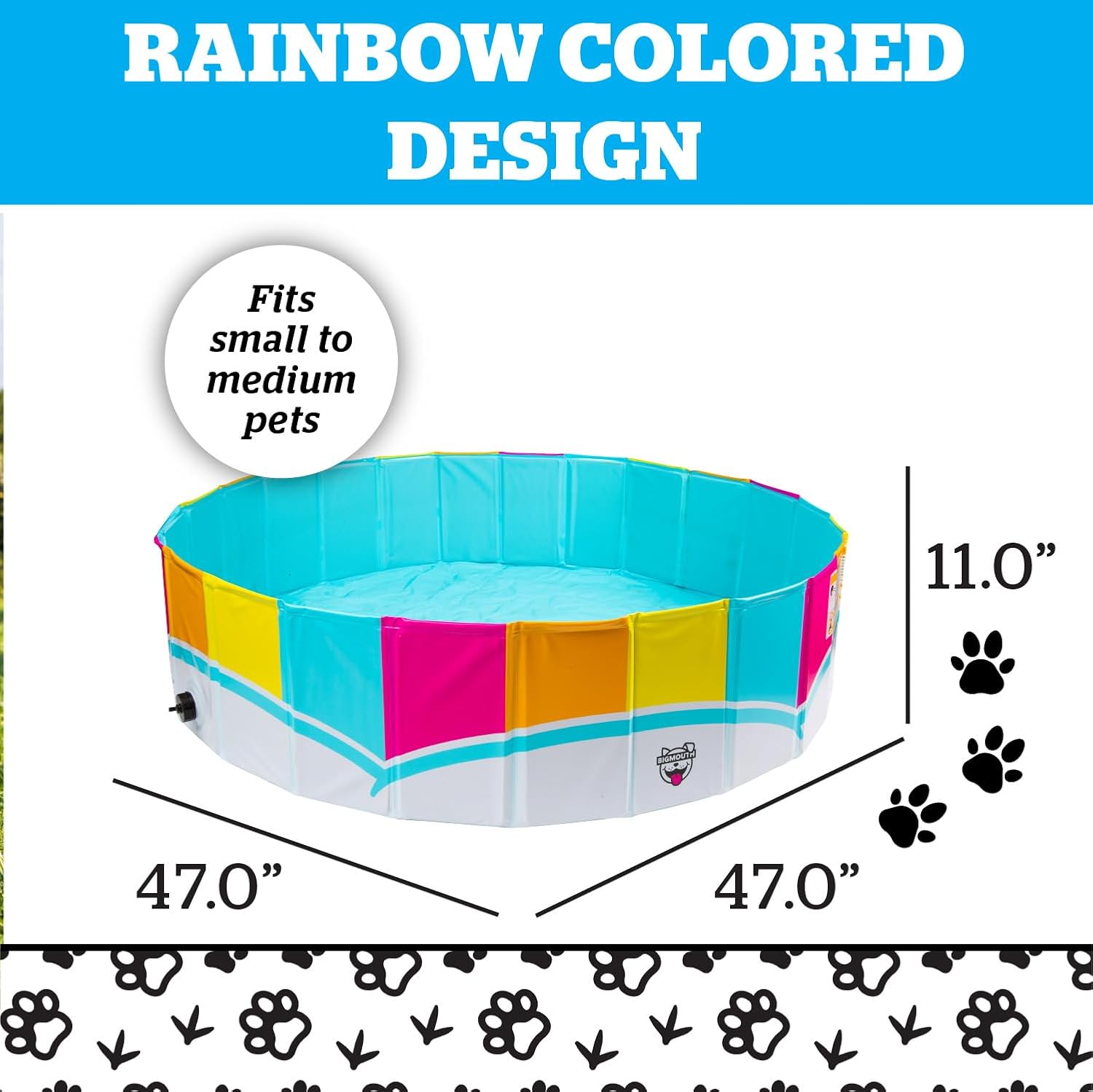 Rainbow-colored pet playpen with dimensions and fit information on a white background at Pet Servo