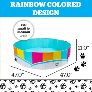 Rainbow-colored pet playpen with dimensions and fit information on a white background at Pet Servo