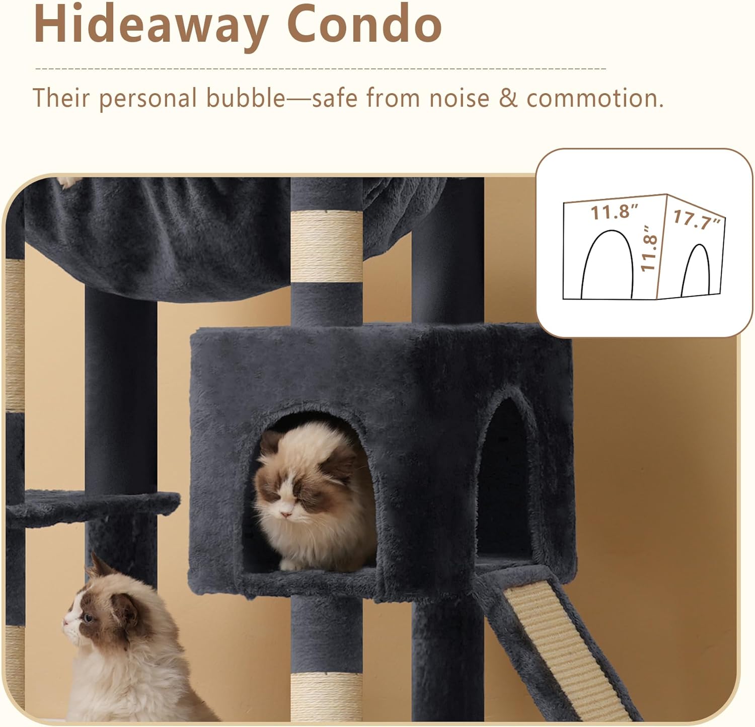 Cat tree with a hideaway condo for cats, featuring two cats and text about safety from noise and commotion at Pet Servo