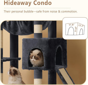 Cat tree with a hideaway condo for cats, featuring two cats and text about safety from noise and commotion at Pet Servo