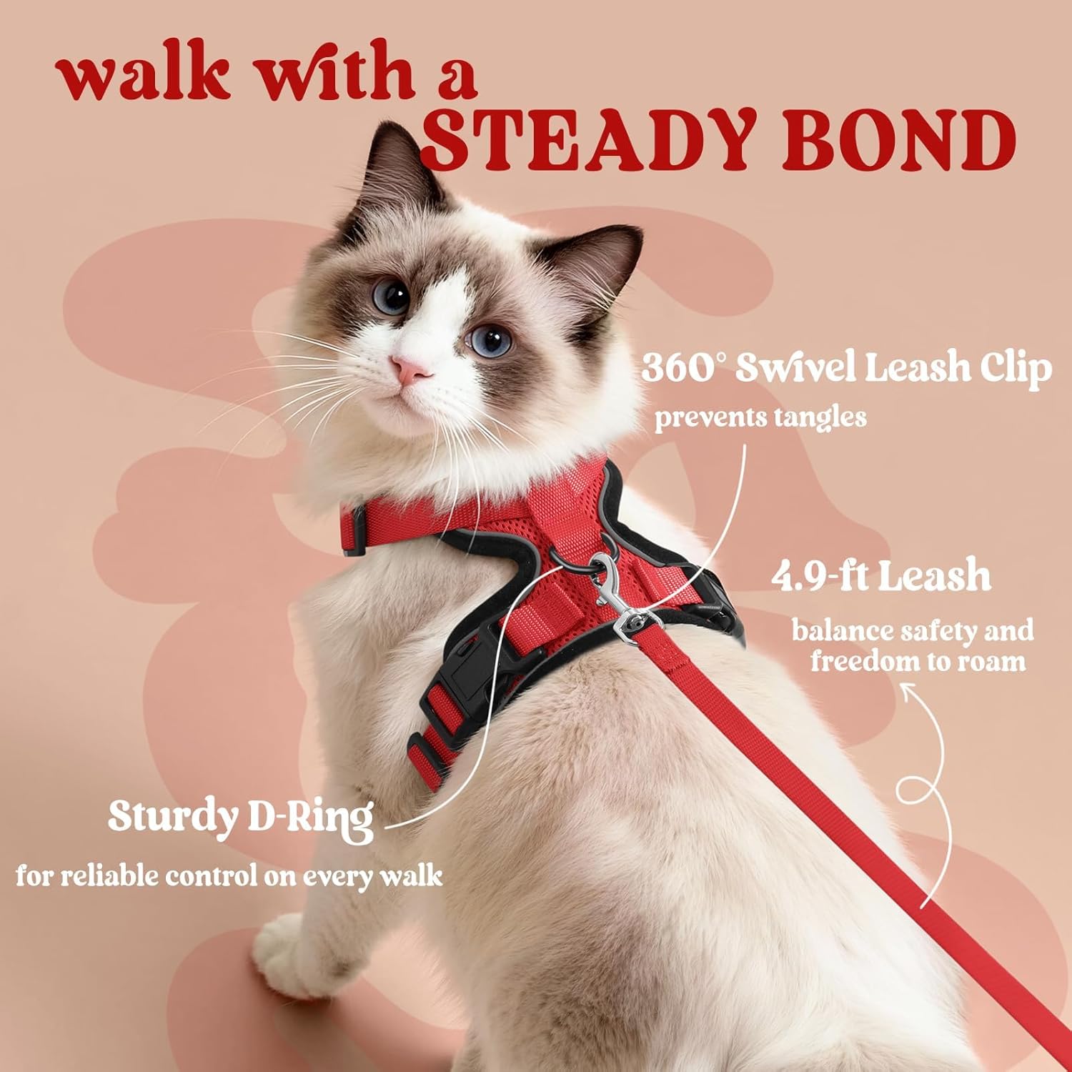 Cat wearing a red harness and leash with text about product features on a beige background at Pet Servo