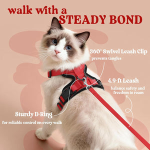 Cat wearing a red harness and leash with text about product features on a beige background at Pet Servo
