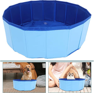 Blue pet pool with images of a dog and cat using it at Pet Servo