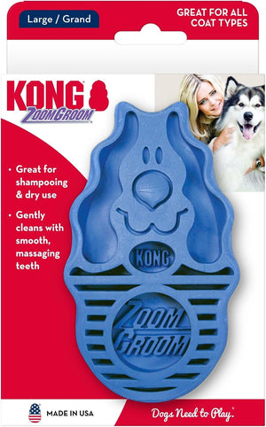 KONG ZoomGroom dog teeth cleaning tool in blue, packaged on a white and red cardboard backing with a photo of a woman and dog on the top right at Pet Servo