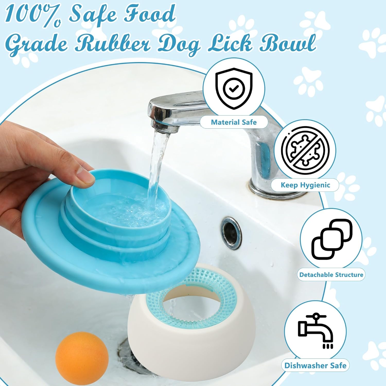 Blue dog lick bowl being filled with water from a faucet, with features highlighted on a light blue background at Pet Servo