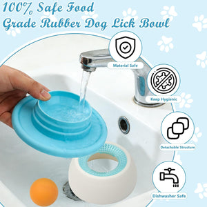 Blue dog lick bowl being filled with water from a faucet, with features highlighted on a light blue background at Pet Servo