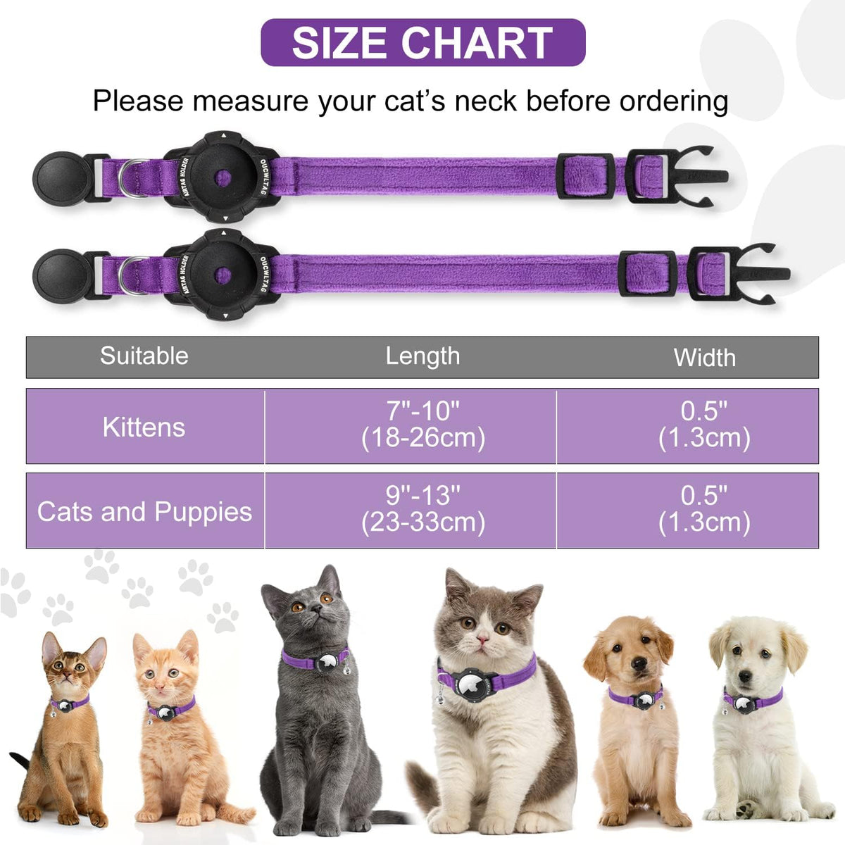 A product size chart for a purple pet collar with black hardware. The chart includes two views of the collar, a sizing table for kittens and cats/puppies with measurements in length and width, and photos of five cats and a puppy wearing the collar at Pet Servo