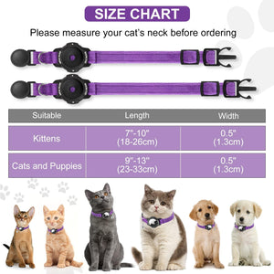 A product size chart for a purple pet collar with black hardware. The chart includes two views of the collar, a sizing table for kittens and cats/puppies with measurements in length and width, and photos of five cats and a puppy wearing the collar at Pet Servo